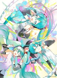 Rule 34 | 3girls, aqua eyes, aqua hair, aqua necktie, aqua ribbon, arched back, arm at side, artist name, bare shoulders, beamed eighth notes, black footwear, black skirt, black sleeves, boots, breasts, character doll, closed eyes, collared shirt, colorful, commentary request, crypton future media, detached sleeves, dot nose, eighth note, floating hair, flying, gradient background, green hair, grey shirt, grin, hand on headset, hand up, hands up, happy, hatsune miku, hatsune miku (nt), hatsune miku (vocaloid4), hatsune miku happy 16th birthday -dear creators-, long hair, long sleeves, mikudayoo, multicolored background, multicolored eyes, multiple girls, multiple persona, music, musical note, neck ribbon, necktie, number tattoo, omutatsu, open mouth, paint splatter, piapro, pink eyes, pleated skirt, puffy long sleeves, puffy sleeves, quarter note, ribbon, second-party source, see-through, see-through sleeves, shirt, shoulder tattoo, signature, silver trim, simple background, singing, skirt, sleeveless, sleeveless shirt, small breasts, smile, sparkle, splatter background, spring onion, straight hair, tattoo, teeth, thigh boots, thighhighs, tsurime, twintails, upper teeth only, very long hair, vocaloid, wavy hair, white background, white shirt, white sleeves, wide sleeves, yellow eyes, zettai ryouiki