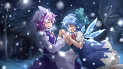 Rule 34 | 2girls, apron, bad id, bad pixiv id, blue hair, blush, bow, cirno, cue (lindwrum), dress, female focus, forest, hair bow, hat, ice, ice wings, letty whiterock, light purple hair, long sleeves, multiple girls, nature, open mouth, outdoors, plant, purple hair, ribbon, scarf, short hair, short sleeves, skirt, sky, smile, snow, snowing, touhou, vest, wings