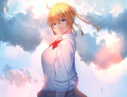 Rule 34 | 1girl, blonde hair, blue eyes, bouhatei (t-back), bow, bowtie, closed mouth, clothes around waist, cloud, cloudy sky, commentary request, day, half-closed eyes, highres, lens flare, looking at viewer, looking back, onishima homare, outdoors, rain, red bow, red bowtie, school uniform, shirt, sky, sleeves rolled up, smile, solo, sounan desuka?, twintails, upper body, white shirt