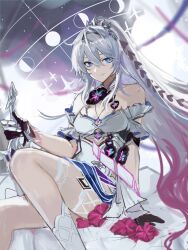 Rule 34 | 1girl, ahoge, arm support, bare shoulders, black flower, blue eyes, closed mouth, commentary, crown, english commentary, feet out of frame, flower, gradient hair, hair between eyes, high ponytail, highres, holding, holding sword, holding weapon, honkai (series), honkai impact 3rd, kiana kaslana, kiana kaslana (herrscher of finality), long hair, multicolored hair, open hand, pink flower, pink pupils, ponytail, sitting, smile, solo, star-shaped pupils, star (symbol), sword, symbol-shaped pupils, weapon, weeiskaw