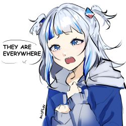 Rule 34 | 1girl, absurdres, among us, among us eyes (meme), blue hair, choripan, crying, crying with eyes open, gawr gura, hair ornament, highres, hololive, hololive english, hood, hooded jacket, jacket, long sleeves, meme, multicolored hair, sharp teeth, short twintails, sleeves past wrists, solo, streaked hair, tears, teeth, twintails, upper body, upper teeth only, virtual youtuber, white background, white hair