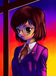 Rule 34 | backlighting, blouse, collared shirt, glasses, gotou kenji, indoors, purple sky, retro artstyle, school uniform, shirt, short hair, sky, smile, solo, source request, tagme, white shirt, yellow sky