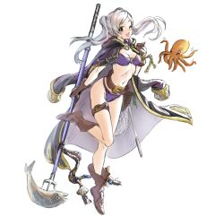 Rule 34 | 1girl, athenawyrm, bikini, bikini under clothes, boots, brown footwear, brown gloves, cloak, commentary, fire emblem, fire emblem awakening, fire emblem heroes, fish, fishing net, gloves, jacket, jacket on shoulders, looking at viewer, navel, nintendo, o-ring, o-ring bikini, o-ring top, octopus, official alternate costume, polearm, robin (female) (fire emblem), robin (fire emblem), silver hair, simple background, smile, solo, stomach, swimsuit, thigh strap, trident, twintails, weapon, white background