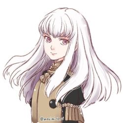 Rule 34 | 1girl, blush, epaulettes, fire emblem, fire emblem: three houses, insarability, jacket, long hair, long sleeves, looking at viewer, lysithea von ordelia, nintendo, open mouth, pink eyes, purple eyes, simple background, smile, solo, uniform, upper body, white background, white hair