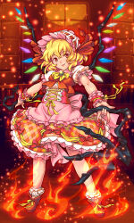 Rule 34 | 1girl, adapted costume, apron, back bow, blonde hair, bow, breasts, brooch, collared shirt, corset, cross-laced clothes, cross-laced corset, fire, flandre scarlet, frilled apron, frilled shirt collar, frilled skirt, frilled sleeves, frilled socks, frills, full body, green brooch, hair between eyes, hat, head tilt, holding, holding polearm, holding weapon, jewelry, laevatein (touhou), looking at viewer, medium hair, mob cap, multicolored wings, orange theme, petticoat, pink apron, pink bow, polearm, puffy short sleeves, puffy sleeves, red eyes, red footwear, red ribbon, red skirt, ribbon, ribbon-trimmed headwear, ribbon trim, shirt, shoelaces, short sleeves, skirt, small breasts, socks, solo, touhou, user ewsh4383, waist apron, weapon, white hat, white shirt, white socks, wings, wrist cuffs