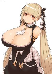 Rule 34 | 1girl, asymmetrical hair, azur lane, bare shoulders, black dress, blunt bangs, breasts, bridal gauntlets, cleavage, closed mouth, collar, dress, earrings, formidable (azur lane), frilled dress, frills, hair ribbon, haku hakujou daimaou, highres, huge breasts, jewelry, long hair, platinum blonde hair, red eyes, ribbon, simple background, solo, twintails, white background