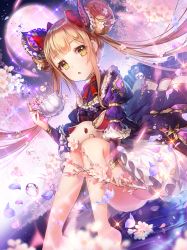 Rule 34 | 1girl, apple caramel, ass, barefoot, blonde hair, blush, bow, branch, commentary request, cup, double bun, dress, dutch angle, flower, full moon, hair bow, hair bun, hand up, highres, holding, holding branch, layered sleeves, long hair, long sleeves, looking at viewer, luna (shadowverse), moon, petals, pink flower, pinky out, puffy short sleeves, puffy sleeves, purple dress, red bow, shadowverse, short over long sleeves, short sleeves, side bun, sitting, solo, sparkle, teacup, twintails, very long hair, water, water drop, yellow eyes