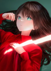 Rule 34 | 1girl, blush, brown hair, collared shirt, green background, green eyes, hand on own face, hand up, highres, long hair, long sleeves, looking at viewer, lying, ojay tkym, on back, original, parted lips, red shirt, resolution mismatch, shirt, solo, source smaller