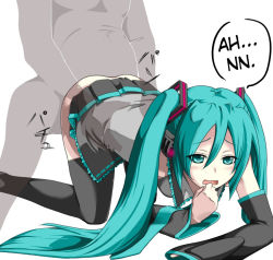 Rule 34 | all fours, artist request, blush, clothed female nude male, clothed sex, doggystyle, fat, fat man, ghost rapist, hard-translated, hatsune miku, long hair, nude, sex, sex from behind, shadow, shadow man (mega man), text focus, thighhighs, third-party edit, translated, twintails, vaginal, very long hair, vocaloid