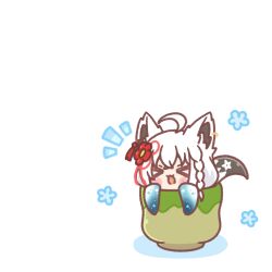Rule 34 | &gt; &lt;, 1girl, :d, ahoge, animal ear fluff, animal ears, blush, braid, chibi, commentary request, cup, earrings, facing viewer, flower, fox ears, fox girl, fox tail, hair between eyes, hair flower, hair ornament, highres, hololive, in container, in cup, jewelry, mitarashi neko, notice lines, open mouth, pentagram, shirakami fubuki, shirakami fubuki (new year), sidelocks, simple background, single braid, smile, solo, tail, virtual youtuber, white background, white hair, xd, yunomi