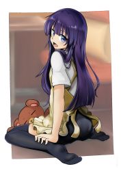 Rule 34 | 1girl, absurdres, apron, blush, daisy (working!!), from behind, highres, kazenoko, long hair, looking at viewer, looking back, open mouth, purple hair, sitting, smile, solo, stuffed animal, stuffed toy, teddy bear, thighhighs, uniform, wariza, working!!, yamada aoi