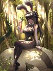 Rule 34 | 1girl, animal ears, black bow, black eyes, black hair, bow, breasts, carrot, cleavage, commentary request, fake animal ears, forest, hair ribbon, highres, holding, large breasts, leotard, long hair, maid headdress, narberal gamma, nature, outdoors, overlord (maruyama), pantyhose, playboy bunny, ponytail, rabbit ears, rabbit girl, rabbit tail, red ribbon, ribbon, sitting, solo, star (symbol), tail, totocos7, wrist cuffs