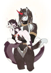 Rule 34 | 2girls, au ra, black sclera, breasts, carrying, cleavage, colored sclera, cookie hana, cropped legs, dragon horns, dragon tail, dreadlocks, fangs, final fantasy, final fantasy xiv, furry, furry female, highres, horns, hrothgar, large breasts, multiple girls, princess carry, simple background, single horn, smile, surprised, tail, tall female, warrior of light (ff14)