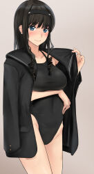 Rule 34 | 1girl, amagami, black hair, black hairband, black jacket, black one-piece swimsuit, black sailor collar, blue eyes, collarbone, commentary request, competition swimsuit, curly hair, hairband, highres, jacket, jacket on shoulders, kibito high school uniform, long hair, morishima haruka, one-piece swimsuit, revision, sailor collar, school uniform, sidelocks, smile, solo, swimsuit, yoo tenchi