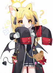 Rule 34 | 1girl, 1other, ?, absurdres, animal bag, animal ears, armband, black coat, blonde hair, blue archive, blush, cat ears, charm (object), coat, commentary, demon horns, demon tail, demon wings, disembodied limb, halo, highres, horns, ibuki (blue archive), kemonomimi mode, lifting person, longcat (meme), looking ahead, measho, meme, one side up, parted bangs, red armband, school uniform, sleeves past fingers, sleeves past wrists, stuffed animal, stuffed toy, tail, teddy bear, wings
