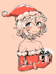 Rule 34 | 1girl, aygoftenover, bare shoulders, blush, box, breasts, cleavage, dress, elbow gloves, gift, gift box, gloves, grey eyes, hat, highres, holding, holding gift, red dress, red gloves, red hat, santa dress, santa hat, short hair, shy (character), shy (series), small breasts, smile, solo
