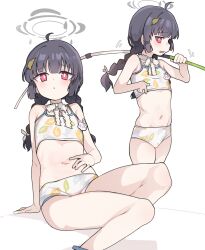Rule 34 | 1girl, ahoge, bare arms, bare legs, bare shoulders, bikini, black hair, blue archive, blush, braid, fishing rod, flat chest, grey halo, halo, highres, holding, holding fishing rod, leaf print, long hair, looking at viewer, miyu (blue archive), miyu (swimsuit) (blue archive), multiple views, navel, open mouth, parted lips, pearlgang e, print bikini, red eyes, simple background, swimsuit, twin braids, white background, white bikini