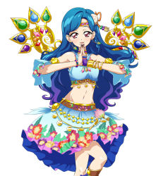 Rule 34 | 10s, 1girl, :d, aikatsu!, aikatsu! (series), bare shoulders, blue hair, blue skirt, bracelet, brooch, cowboy shot, earrings, egyptian clothes, eyelashes, floral print, gem, hair ornament, happy, headband, indian style, jewelry, kazesawa sora, long hair, looking at viewer, lots of jewelry, midriff, mole, mole under mouth, nail polish, navel, open mouth, parted lips, red eyes, shirt, simple background, sinko (sinsin), sitting, skirt, smile, solo, standing, white background, wings, wrist cuffs