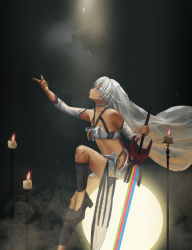 Rule 34 | 1girl, absurdres, altera (fate), candle, dark-skinned female, dark skin, degu guke, fate/grand order, fate (series), from side, grey hair, highres, long hair, outstretched arm, photon ray (fate), solo, tan, veil