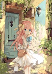 Rule 34 | 1girl, :o, animal ears, bag, bare shoulders, blue eyes, blush, bow, commentary request, day, door, dress, hair between eyes, hair bow, highres, kushida you, long hair, looking at viewer, hugging object, original, outdoors, parted lips, pink hair, plant, rabbit ears, shoulder bag, sleeveless, sleeveless dress, solo, standing, stuffed animal, stuffed rabbit, stuffed toy, very long hair, wall lamp, white dress, yellow bow