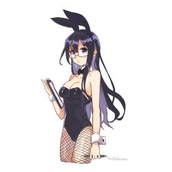 Rule 34 | 1girl, animal ears, black hair, blue eyes, blush, bow, bowtie, breasts, cleavage, closed mouth, detached collar, dress, fake animal ears, glasses, hair between eyes, kantai collection, leotard, long hair, looking at viewer, medium breasts, mogamiya honu, no bra, ooyodo (kancolle), pantyhose, pencil, playboy bunny, rabbit ears, short dress, simple background, white background
