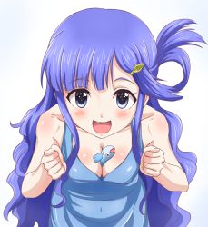 Rule 34 | 10s, 1girl, animal, animal between breasts, asari nanami, bare arms, bare shoulders, between breasts, blue dress, blue eyes, blue hair, blush, breasts, cleavage, clenched hands, collarbone, commentary request, dress, eyebrows, fish, from above, gradient background, hair ornament, hairclip, idolmaster, idolmaster cinderella girls, long hair, looking at viewer, looking up, matching hair/eyes, medium breasts, open mouth, shiny skin, sincos, solo, standing
