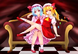 Rule 34 | 2girls, :d, arm support, ascot, bad id, bad pixiv id, bat wings, blonde hair, blue hair, blush, bobby socks, brooch, checkered floor, closed mouth, couch, crystal, dress, flandre scarlet, frilled dress, frilled skirt, frills, full body, hat, hat ribbon, head tilt, jewelry, looking at viewer, mary janes, mob cap, multiple girls, open mouth, pink dress, puffy short sleeves, puffy sleeves, red eyes, red ribbon, red skirt, red vest, remilia scarlet, ribbon, shoes, short sleeves, siblings, side ponytail, sisters, sitting, sitting on person, skirt, skirt set, smile, socks, surota, touhou, vest, white legwear, wings