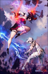 Rule 34 | 2girls, action, armlet, ass, backless outfit, bare shoulders, battle, black footwear, black gloves, blue eyes, bodysuit, breasts, cloud, covered erect nipples, curvy, dagger, dress, dual wielding, fingerless gloves, floating rock, flower, gloves, glowing, glowing sword, glowing weapon, hair flower, hair ornament, halterneck, high heels, highres, holding, holding sword, holding weapon, huge weapon, hyulla, jumping, knife, large breasts, leaning forward, legs, lightning, lips, lipstick, looking at another, magic, makeup, multiple girls, muscular, open mouth, outdoors, parted lips, red dress, red eyes, red lips, rock, shoes, short dress, sidelocks, signature, skin tight, sky, standing, strapless, strapless dress, sword, thick thighs, thighlet, thighs, two-handed, watermark, weapon, web address, white footwear, white hair, wrist guards