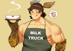 Rule 34 | 1boy, :q, absurdres, apron, bara, black apron, blush, brown hair, character request, colored skin, cow, fujimachine (clayten), granblue fantasy, highres, holding, holding tray, large pectorals, male focus, muscular, muscular male, nipple slip, nipples, pectoral cleavage, pectorals, short hair, sidepec, solo, tongue, tongue out, tray, upper body, veins, winged hat, yellow skin