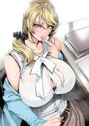 Rule 34 | 1girl, bare shoulders, belt, black bra, blonde hair, bra, breasts, bursting breasts, buttons, cleavage, closed mouth, collar, collarbone, desk, earrings, ellen baker, eyebrows, eyelashes, fei (maidoll), female focus, finger to mouth, green eyes, handjob, highres, huge breasts, implied sex, jewelry, lips, long hair, long sleeves, looking at viewer, motion lines, necklace, new horizon, pantyhose, pov, scrunchie, sexually suggestive, sitting, skirt, smile, solo, underwear