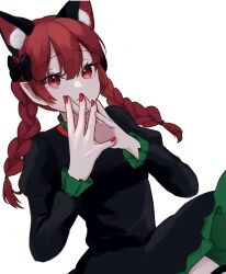 Rule 34 | 1girl, animal ear fluff, animal ears, aoringo orin, black dress, bow, braid, cat ears, dress, extra ears, frills, green dress, hair bow, hand to hand, highres, kaenbyou rin, looking at viewer, pointy ears, red eyes, red hair, red nails, simple background, solo, thighhighs, touhou, tsurime, twin braids, white background, zettai ryouiki