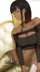 Rule 34 | 1girl, absurdres, arm support, artist name, asymmetrical hair, black hair, blonde hair, blue eyes, blunt bangs, chaise longue, choker, cleavage cutout, clothing cutout, crop top, dark-skinned female, dark skin, darr1o, earrings, female focus, half-closed eyes, highres, jewelry, leaning to the side, lowleg, lowleg pants, medium hair, multicolored hair, off-shoulder shirt, off shoulder, open fly, original, pants, shirt, sideways glance, simple background, single sidelock, solo, two-tone hair, unbuttoned, white background