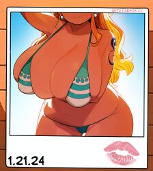Rule 34 | 1girl, ai-assisted, arm tattoo, arm under breasts, bikini, breasts, cleavage, dated, earrings, green bikini, head out of frame, highres, hiita (hitta 99), huge breasts, jewelry, lipstick mark, nami (one piece), navel, one piece, orange hair, pearl earrings, photo (object), plump, shoulder tattoo, skindentation, solo, sunlight, swimsuit, tattoo, thighs, wide hips