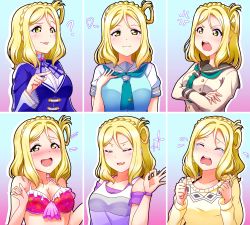 Rule 34 | 1girl, :3, :p, ?, absurdres, anger vein, bikini, blonde hair, blush, breasts, cleavage, clenched hands, commentary, crying, english commentary, expression chart, closed eyes, hand on own chest, heart, highres, love live!, love live! sunshine!!, medium breasts, multiple views, ohara mari, ok sign, open mouth, pointing, school uniform, smug, swimsuit, tongue, tongue out, tsumikiy, yellow eyes