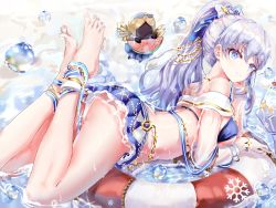 Rule 34 | 1girl, absurdres, age fx, anastasia (fate), anastasia (swimsuit archer) (fate), anastasia (swimsuit archer) (third ascension) (fate), ass, bare shoulders, barefoot, bikini, blue eyes, blush, breasts, closed mouth, fate/grand order, fate (series), full body, hair between eyes, hair ornament, highres, large breasts, long hair, looking at viewer, ponytail, silver hair, smile, solo, swimsuit, thighhighs, viy (fate), water