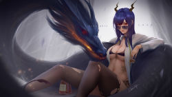 Rule 34 | 1girl, absurdres, alcohol, arknights, artist name, bikini, black bikini, black thighhighs, blue hair, bottle, ch&#039;en (arknights), character name, choker, cup, dragon, dragon girl, dragon horns, highres, holding, holding cup, horns, jacket, long hair, looking at viewer, navel, open clothes, open jacket, qinzeduomexiong, red eyes, sidelocks, signature, sunglasses, swimsuit, thighhighs, torn clothes, torn legwear, white jacket