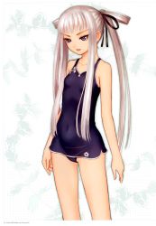 Rule 34 | absurdres, flat chest, highres, houmei, long hair, one-piece swimsuit, purple eyes, sega, shining (series), shining wind, solo, swimsuit, tony taka, white hair, zoom layer