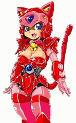 Rule 34 | 1990s (style), 1girl, animal ears, armor, bell, blue eyes, bodysuit, boots, breasts, cat ears, cat tail, collar, eyelashes, fang, helmet, kyatto ninden teyandee, large breasts, mecha musume, narrow waist, neck bell, pururun (kyatto ninden teyandee), retro artstyle, solo, tail, takeshi aono, thigh boots, thighhighs