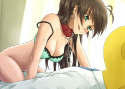 Rule 34 | 1girl, antenna hair, black hair, blue eyes, blush, bottomless, bra, breasts, brown hair, chain, cleavage, collar, earrings, female pubic hair, ganaha hibiki, girl on top, idolmaster, idolmaster (classic), jewelry, long hair, looking down, looking up, lying, on back, open mouth, p-head producer, ponytail, producer (idolmaster), pubic hair, puton, smile, straddling, strap slip, sweat, underwear, unfastened