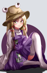 Rule 34 | 1girl, absurdres, animal print, blonde hair, blouse, breasts, brown hat, closed mouth, commentary request, eyebrows hidden by hair, feet out of frame, frog print, grey background, hair ribbon, hat, highres, long sleeves, looking at viewer, mahoro (minase mahoro), medium hair, moriya suwako, no shoes, print skirt, print vest, purple skirt, purple vest, red ribbon, ribbon, shirt, simple background, skirt, skirt set, small breasts, smile, solo, thighhighs, touhou, vest, white shirt, white thighhighs, wide sleeves