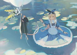 Rule 34 | 1girl, alice (alice in wonderland), alice in wonderland, balloon, black hairband, blonde hair, blue dress, blue eyes, blue hairband, blue ribbon, blush, commentary, day, dress, english commentary, facing viewer, frilled dress, frills, hair between eyes, hairband, hand up, heterochromia, holding, holding balloon, long hair, looking away, looking back, mouse (animal), open mouth, outdoors, pinafore dress, plant, pond, puffy short sleeves, puffy sleeves, ribbon, short sleeves, sleeveless, sleeveless dress, solo focus, standing, sunlight, upper body, wakuseiy, wrist cuffs, yellow eyes
