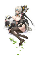 Rule 34 | 1girl, absurdres, alternate breast size, ass, black dress, black gloves, black pantyhose, blush, bracelet, breasts, brooch, character request, cleavage, clothes pull, commentary request, dress, elbow gloves, elsword, eve (elsword), feet, forehead jewel, gloves, grey hair, heart, heart-shaped pupils, highres, jewelry, large breasts, long hair, lying, no panties, no shoes, on side, pantyhose, pantyhose pull, parted lips, potion, puffy sleeves, pussy, pussy juice, pussy juice trail, robot, shenqi xiao hong zai nali, short dress, sidelocks, simple background, soles, solo, suggestive fluid, sweat, symbol-shaped pupils, teeth, toes, torn clothes, torn dress, very long hair, white background, yellow eyes