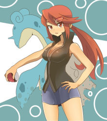 Rule 34 | 1girl, bare arms, bare shoulders, blue skirt, breasts, brown eyes, circle, circles in background, cleavage, collarbone, creatures (company), dyson (edaokunnsaikouya), elite four, female focus, game freak, gen 1 pokemon, glasses, hand on own hip, holding, holding poke ball, lapras, large breasts, long hair, lorelei (pokemon), matching hair/eyes, miniskirt, nintendo, poke ball, pokemon, pokemon (creature), pokemon frlg, ponytail, red hair, skirt, sleeveless, standing