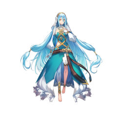 Rule 34 | 1girl, absurdres, artist request, asymmetrical legwear, azura (fire emblem), barefoot, belt, blue hair, breasts, dress, fingerless gloves, fire emblem, fire emblem fates, fire emblem heroes, full body, gloves, hair between eyes, hair ornament, hand on own chest, highres, jewelry, lips, long hair, long sleeves, looking at viewer, medium breasts, necklace, nintendo, official art, parted lips, simple background, smile, solo, standing, thigh strap, toes, turtleneck, uneven legwear, veil, very long hair, white background, yellow eyes
