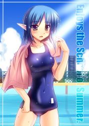 Rule 34 | 1girl, adjusting clothes, adjusting swimsuit, blue eyes, blue hair, blush, cameltoe, chain-link fence, cloud, covered navel, day, elf, embarrassed, fence, kuurunaitsu, light rays, matching hair/eyes, navel, one-piece swimsuit, open mouth, original, outdoors, pointy ears, pool, poolside, purple eyes, school swimsuit, shiny clothes, shiny skin, short hair, skin tight, sky, solo, standing, sunbeam, sunlight, surprised, swimsuit, towel, towel around neck, water, wet