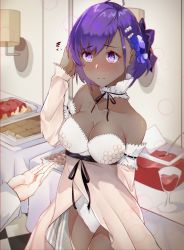 Rule 34 | 1girl, alternate costume, bare shoulders, blush, collarbone, commentary, cup, dark-skinned female, dark skin, detached collar, dress, drinking glass, embarrassed, english commentary, fate/grand order, fate/prototype, fate/prototype: fragments of blue and silver, fate (series), flower, hair flower, hair ornament, hair ribbon, hassan of serenity (fate), hassan of serenity (lostroom outfit) (fate), highres, jayvee, lostroom outfit (fate), pov, pov hands, purple eyes, purple hair, ribbon, short hair, solo focus, strapless, strapless dress, table, wavy mouth, white dress