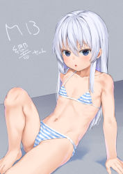 Rule 34 | 1girl, :o, arm support, aruma (sawayaka tokuko miruku), bare arms, bare legs, bare shoulders, barefoot, bikini, blue eyes, breasts, collarbone, commentary request, eyebrows hidden by hair, hair between eyes, hibiki (kancolle), highres, kantai collection, knee up, long hair, looking at viewer, navel, parted lips, silver hair, sitting, small breasts, solo, striped bikini, striped clothes, swimsuit, very long hair