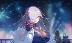 Rule 34 | 1girl, alcohol, blurry, blurry background, breasts, cleavage, controlline3, counter:side, cup, dress, drinking glass, feather boa, gloves, gremory (counter:side), hair over one eye, large breasts, long hair, looking at viewer, momo (counter:side), nicole primer, night, night sky, outdoors, parody, purple dress, railing, red eyes, sky, smile, the great gatsby, toasting (gesture), wine glass