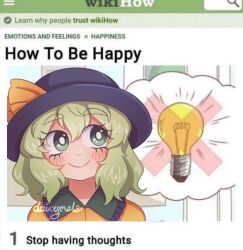 Rule 34 | 1girl, black hat, bright pupils, closed mouth, commentary, daisymels, english text, green eyes, green hair, hat, hat ribbon, how to be happy (meme), komeiji koishi, light bulb, looking to the side, medium hair, meme, parody, ribbon, signature, smile, solo, touhou, upper body, white pupils, wikihow, yellow ribbon