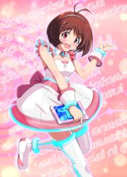 Rule 34 | 1girl, absurdres, antenna hair, bare shoulders, blue trim, blush, bow, breasts, brown eyes, brown hair, cleavage, detached collar, detached sleeves, dress, dress bow, hand up, headset, hidaka ai, highres, hina (araburu-hinadori), holding, holding tablet pc, idolmaster, idolmaster dearly stars, looking at viewer, open hand, open mouth, pink background, pink bow, pink trim, see-through, shoes, short hair, small breasts, smile, solo, standing, standing on one leg, tablet pc, thighhighs, white dress, white footwear, white thighhighs